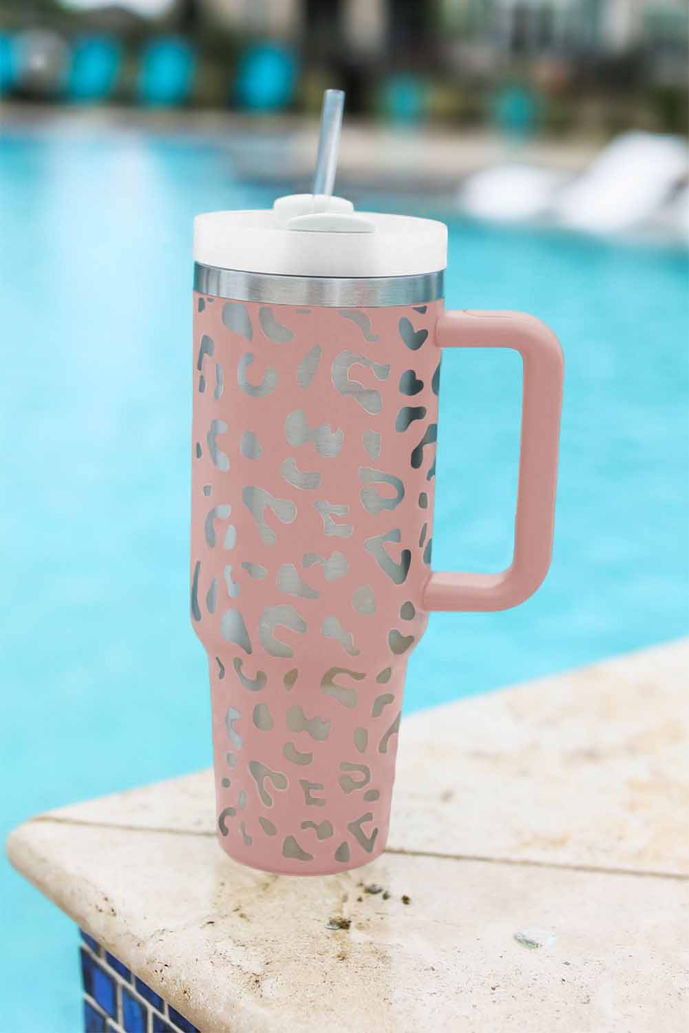 White Leopard Print 40OZ Stainless Steel Portable Cup with Handle