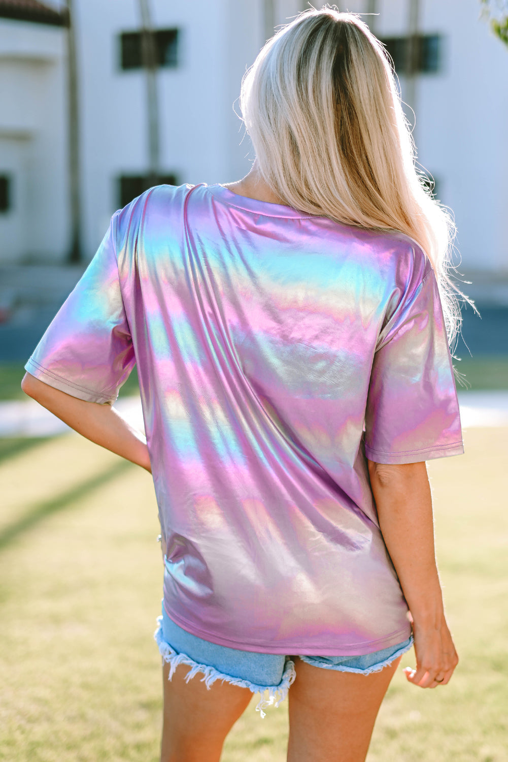 Purple Shiny Iridescent Stay Wild Graphic Oversized Tee