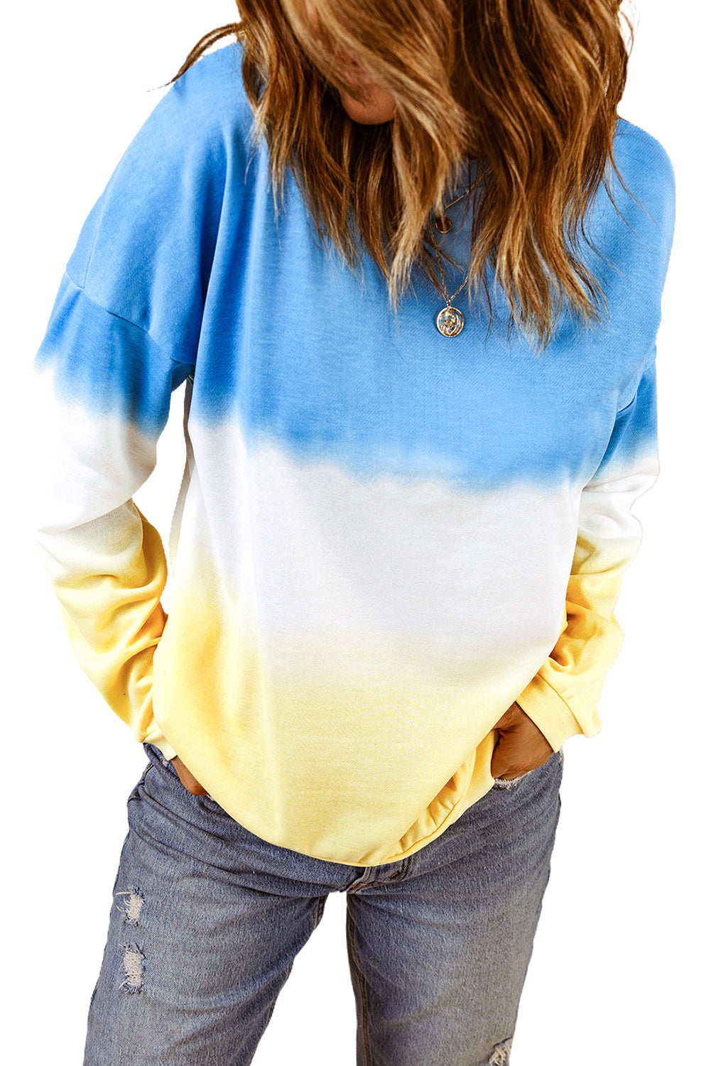 Blue Color Block Tie Dye Pullover Sweatshirt