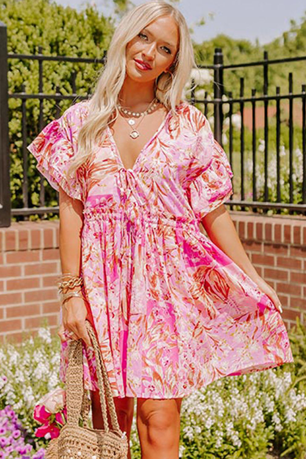 Pink Tie Knot Open Back V Neck Floral Dress