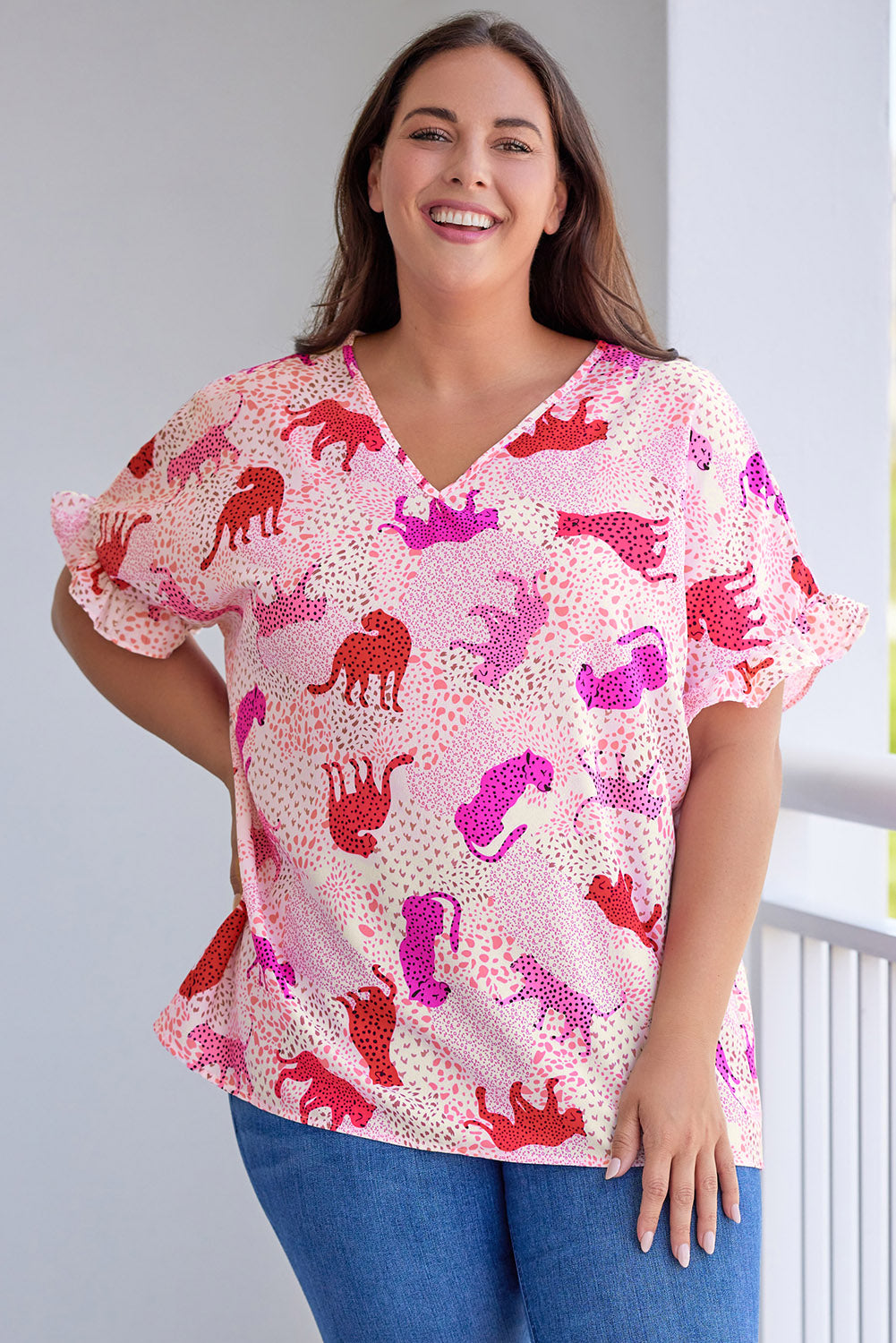 Pink Plus Size Jaguar Print Ruffled Short Sleeves Top