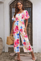 Multicolor Floral Print Smocked Puff Sleeve Jumpsuit