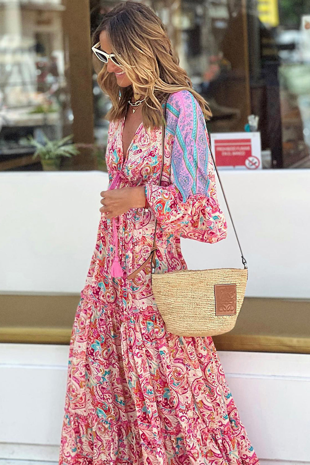 Red Boho Floral Paisley Print Tassel Tie V Neck Maxi Dress