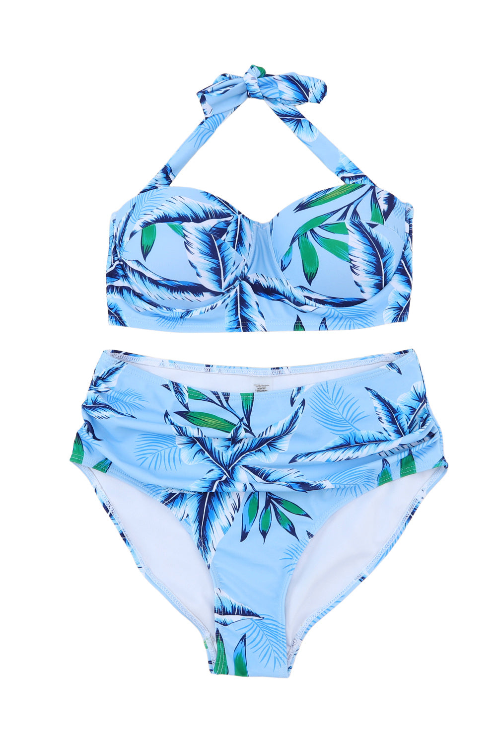 Sky Blue Tropical Leaf Print Self-tie Halter Bikini High Waist Swimsuit