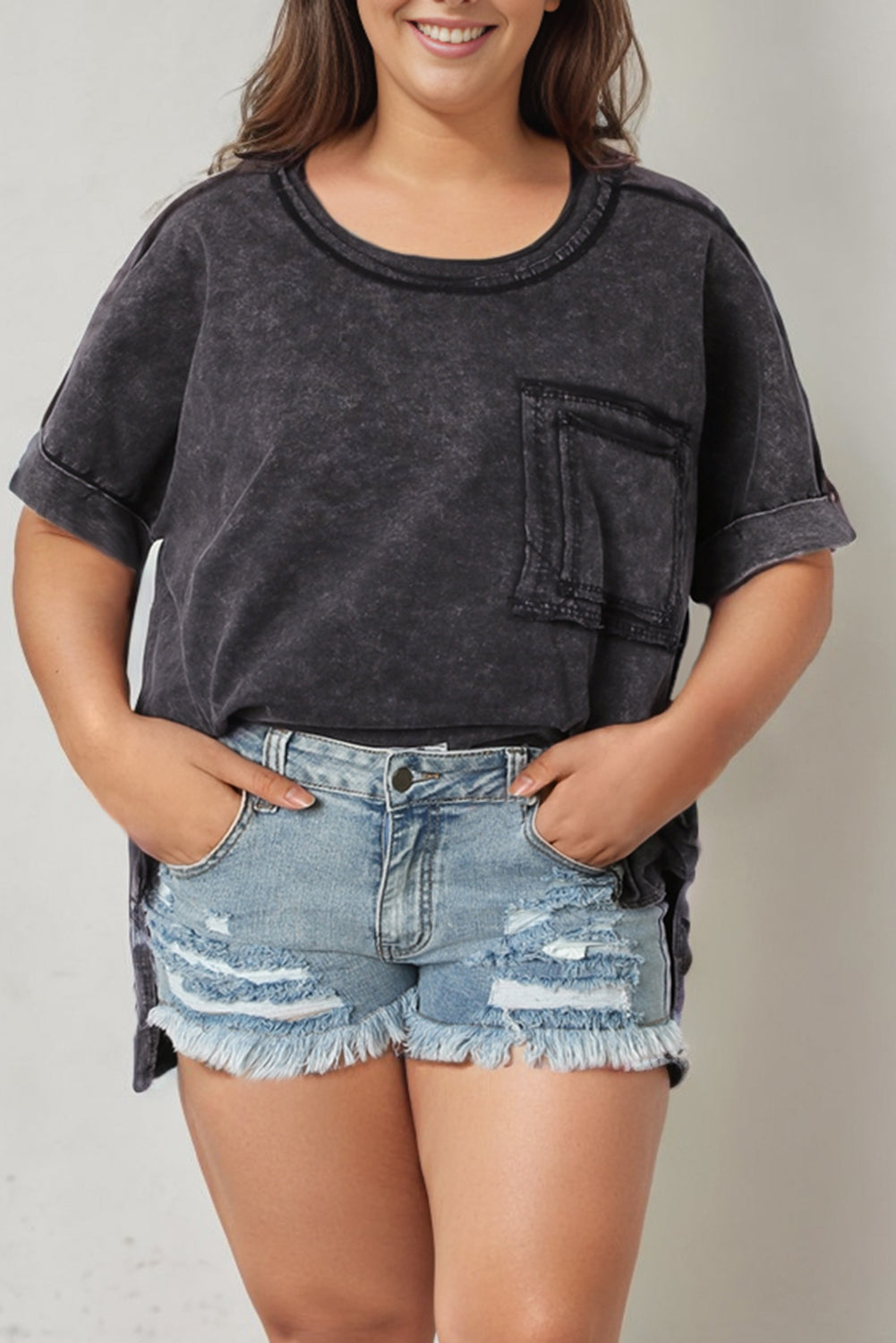 Gray Mineral Wash Distressed Slit Patch Pocket Oversize Tee