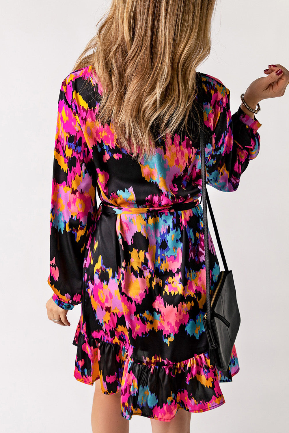 Green Abstract Print Ruffled Drawstring High Waist Mini Dress