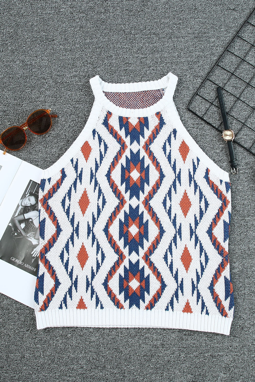 Black Aztec Geometric Print Knitted Tank Top