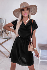 Black Lace Crochet Drawstring High Waist Mini Dress