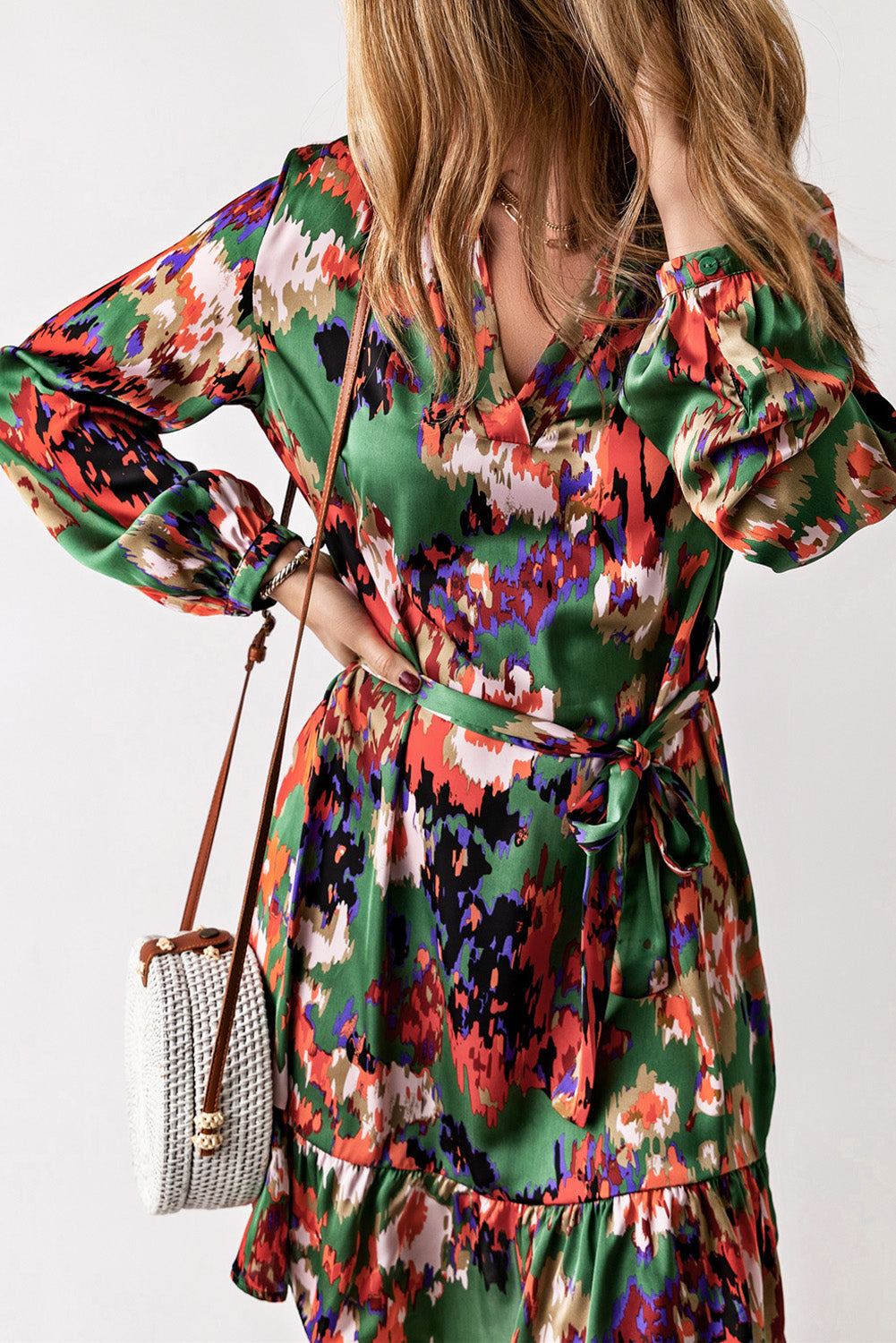Green Abstract Print Ruffled Drawstring High Waist Mini Dress