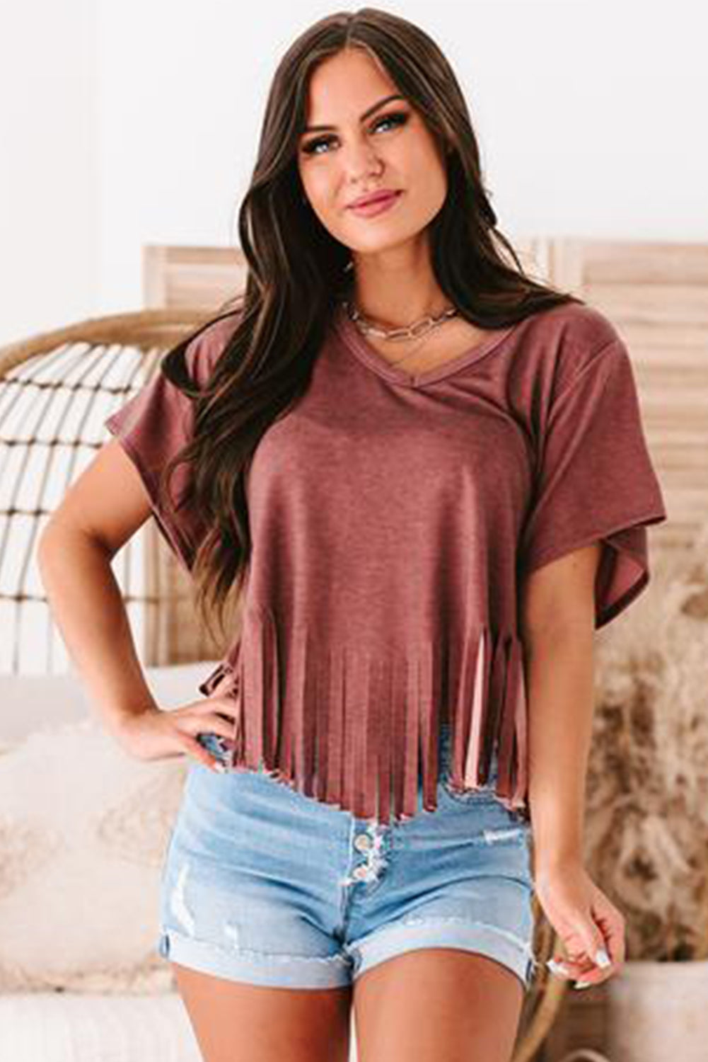 Black Fringe Hem V Neck T Shirt