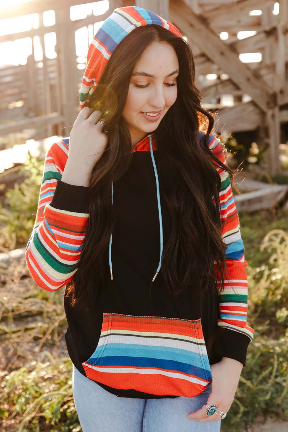 Multicolor Colorful Striped Patchwork Kangaroo Pocket Hoodie