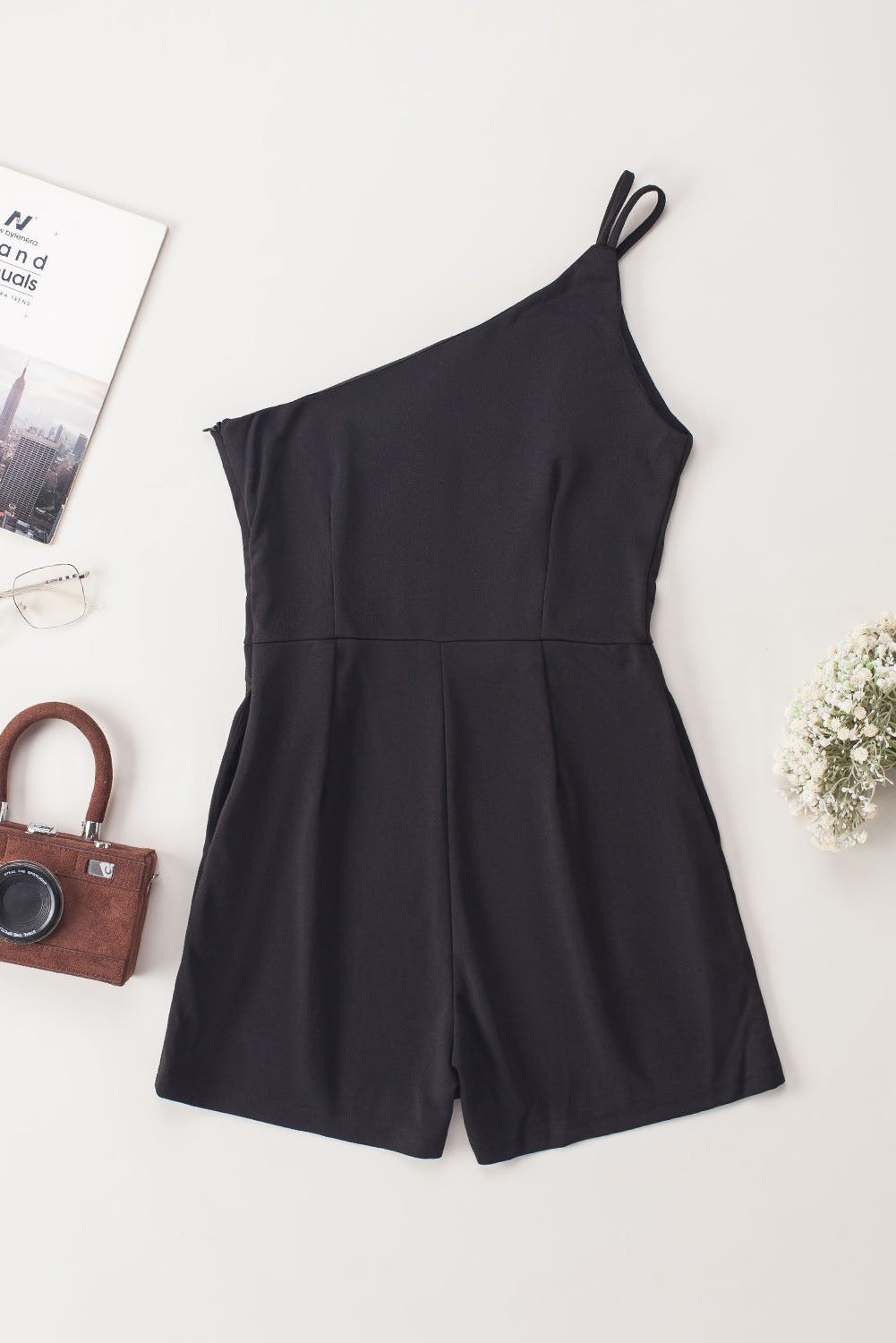 Black Blue One Shoulder Invisible Zip Side Pocketed Romper