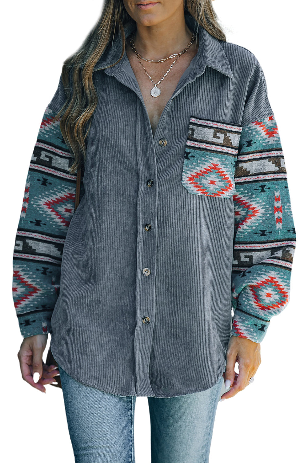 Gray  Aztec Pattern Sleeve Pocketed Corduroy Shacket
