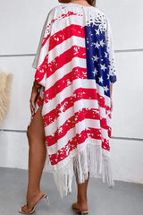 Multicolor Plus Size American Flag Tasseled 3/4 Sleeve Cardigan