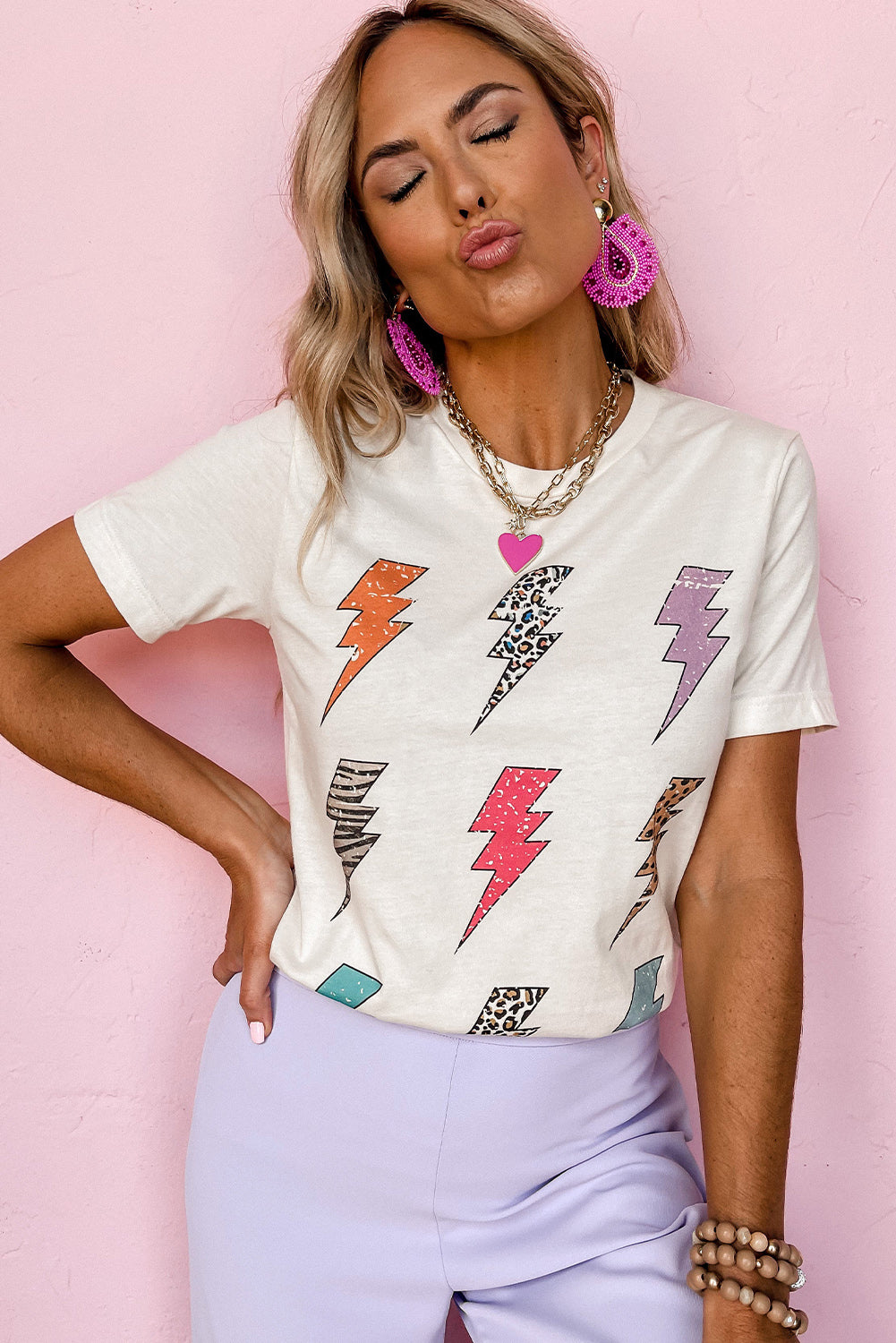 White Printed Lightning Round Neck Short Sleeve Top