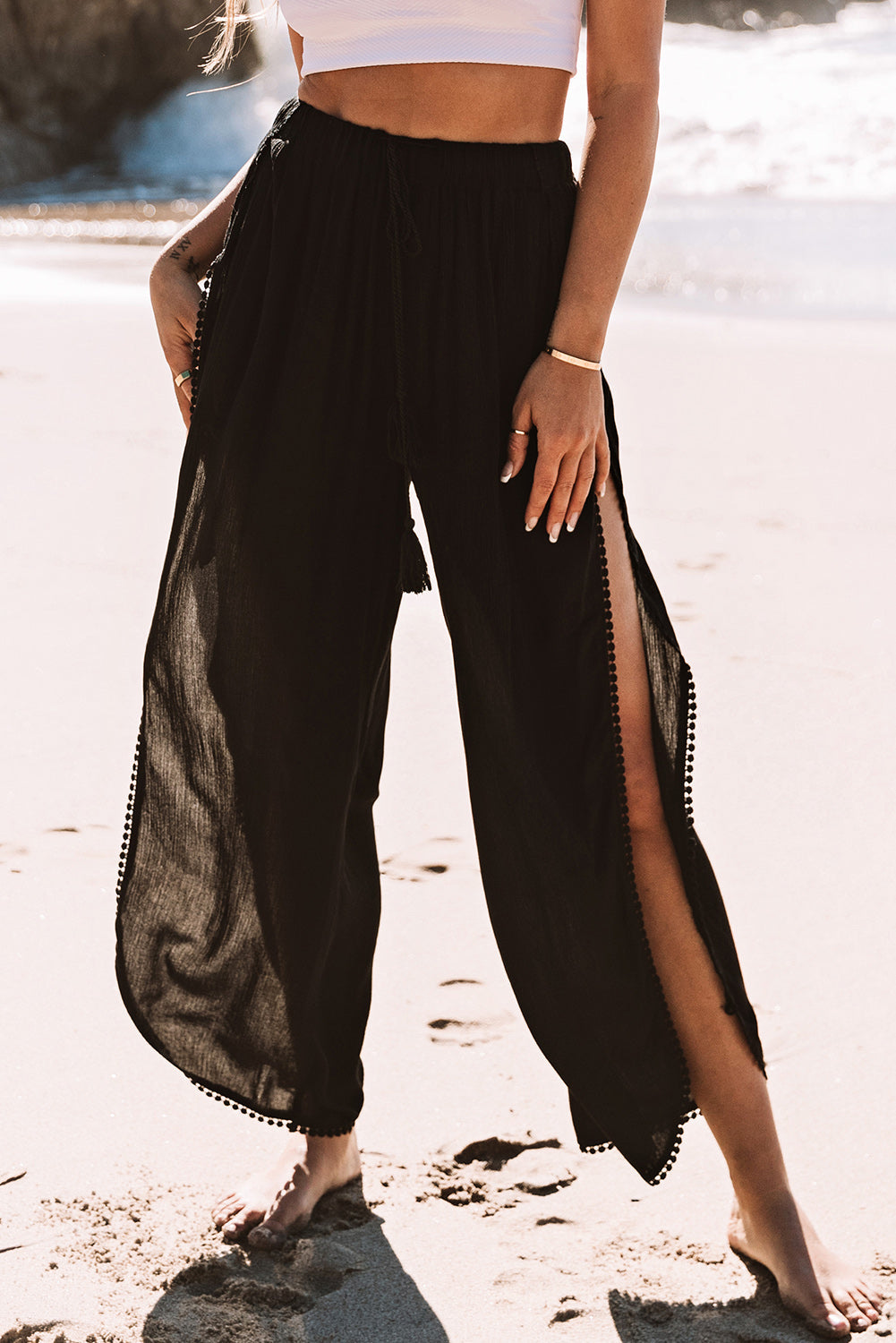 Black Lace Trim Along Split Leg Beach Cover up Pants