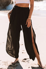 Black Lace Trim Along Split Leg Beach Cover up Pants