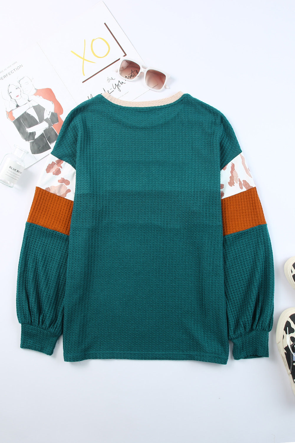 Green Leopard Color Block Waffle Knit Top