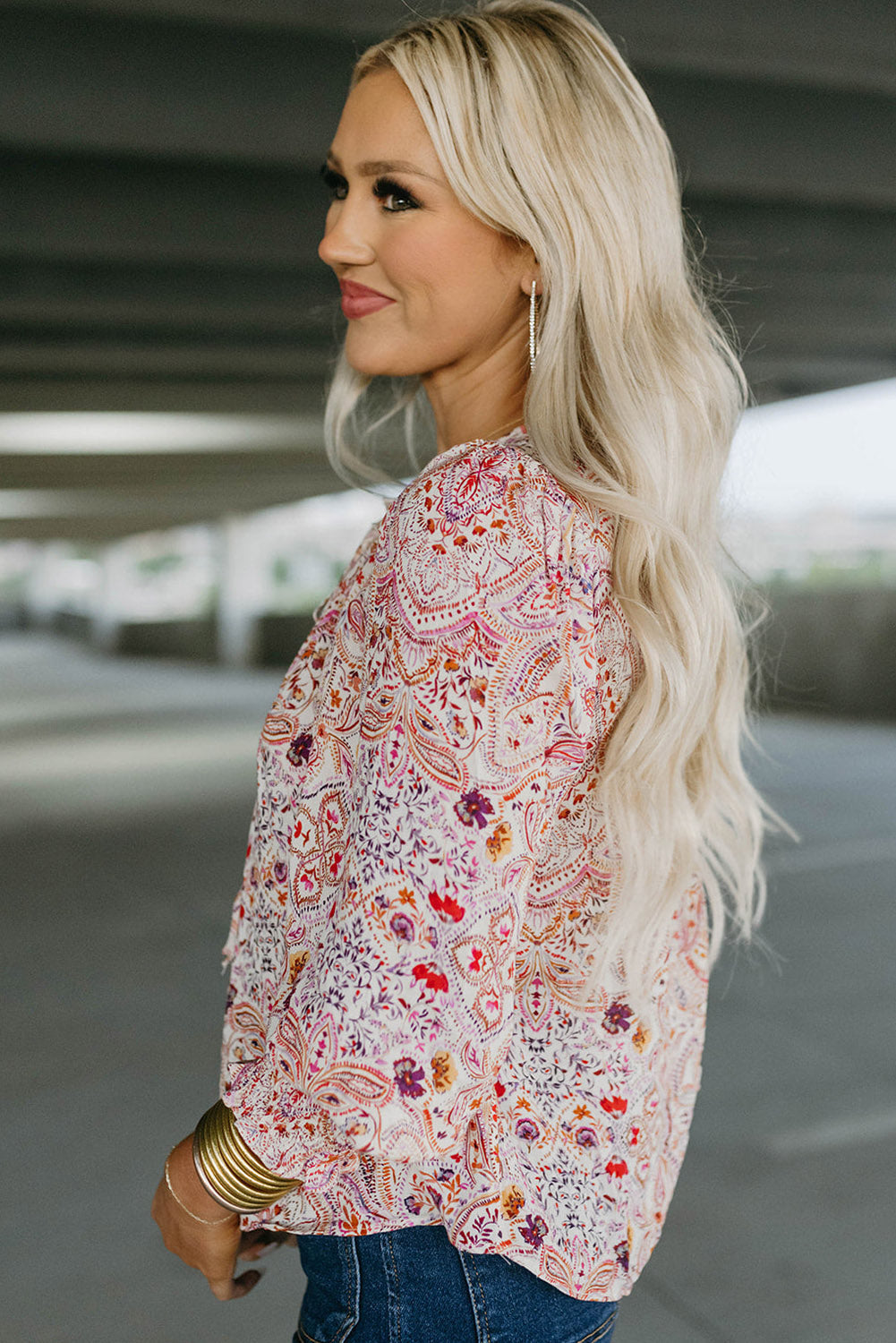 Red Vintage Boho Print Shirred Cuffs Blouse