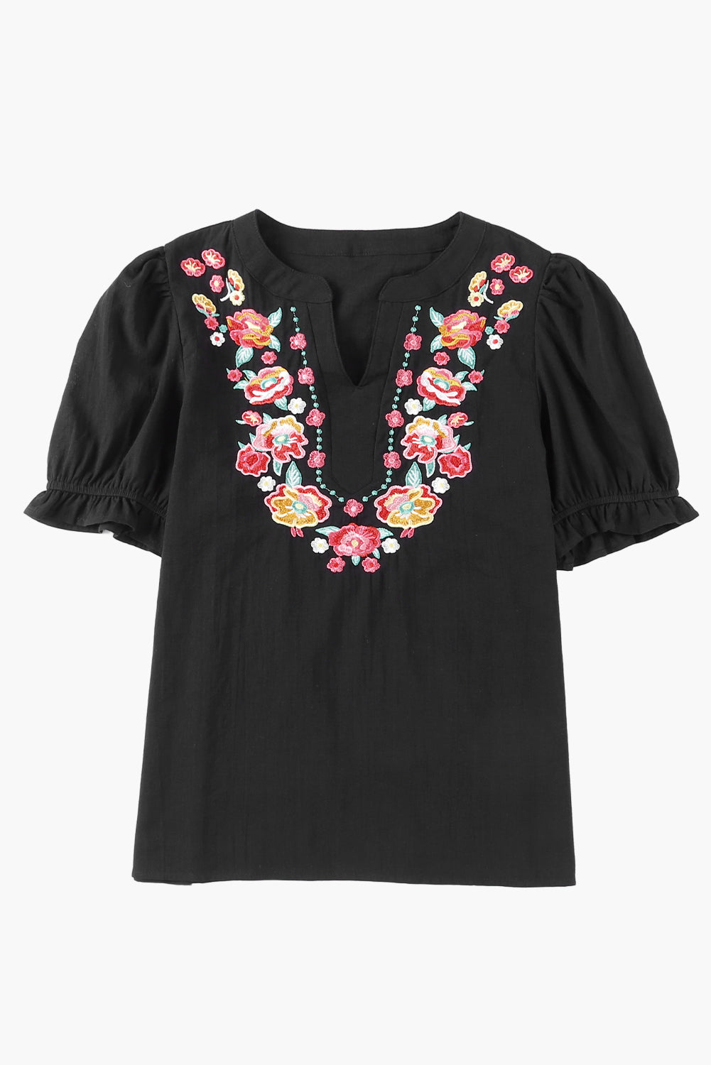 Black Floral Embroidered Ruffle Sleeve Shift Dress