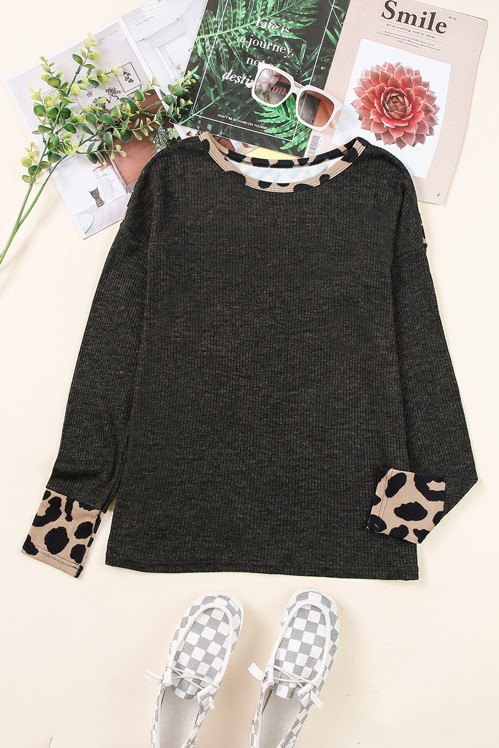 Black Leopard Contrast Trim Knit Top