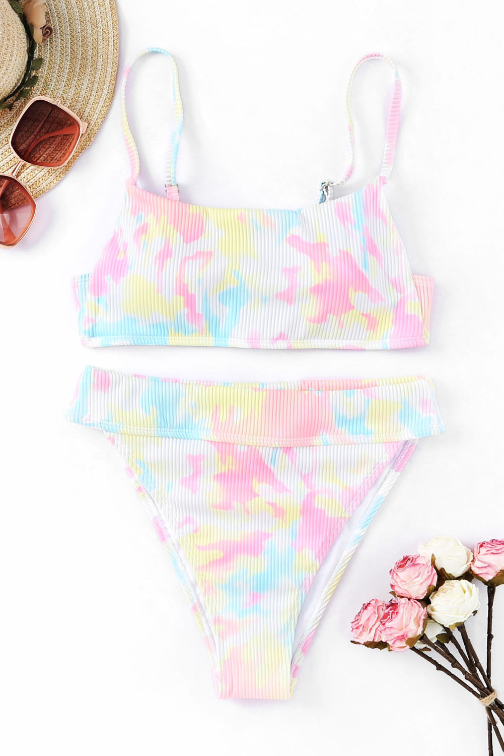 Multicolor Tie Dye Ribbed 2pcs Bikini Swimsuit