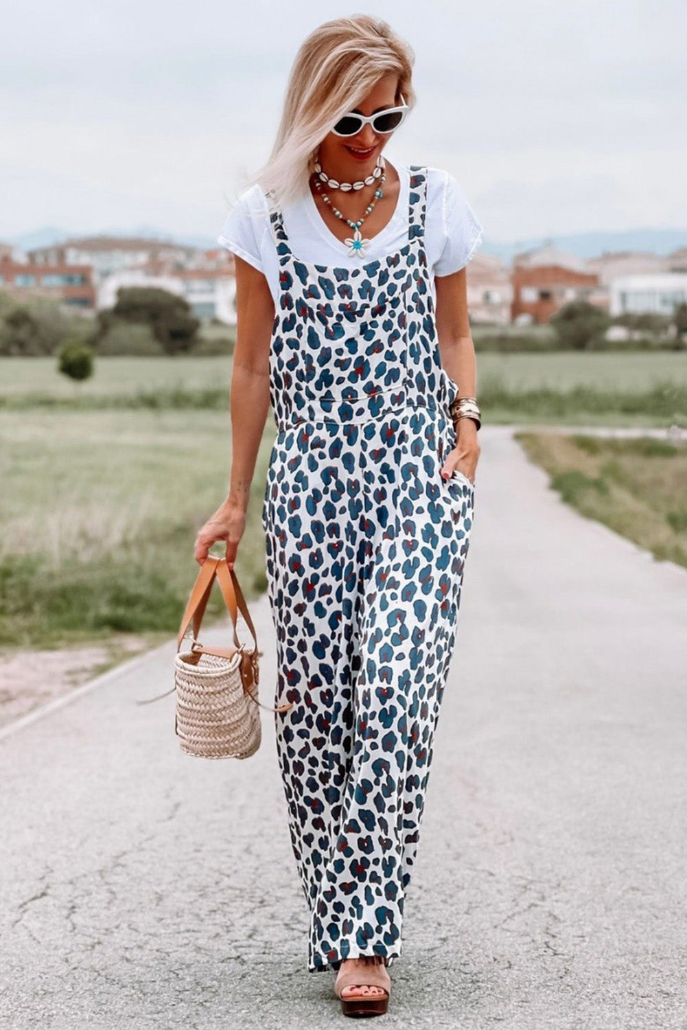 White Wide Leg Leopard Print Jumpsuit Overalls