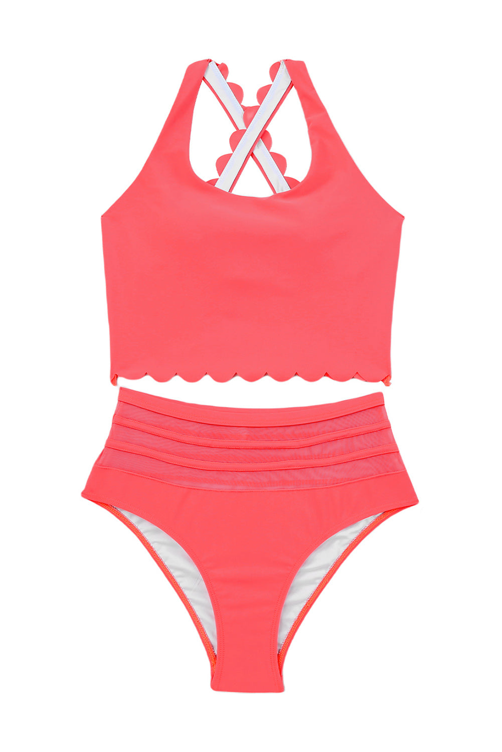 Red Scalloped Criss Cross High Waist Bikini