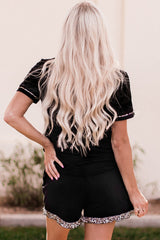 Black Leopard Long Sleeve Shirt and Shorts Lounge Set