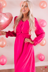 Rose Twist Front Keyhole Back V Neck Midi Dress