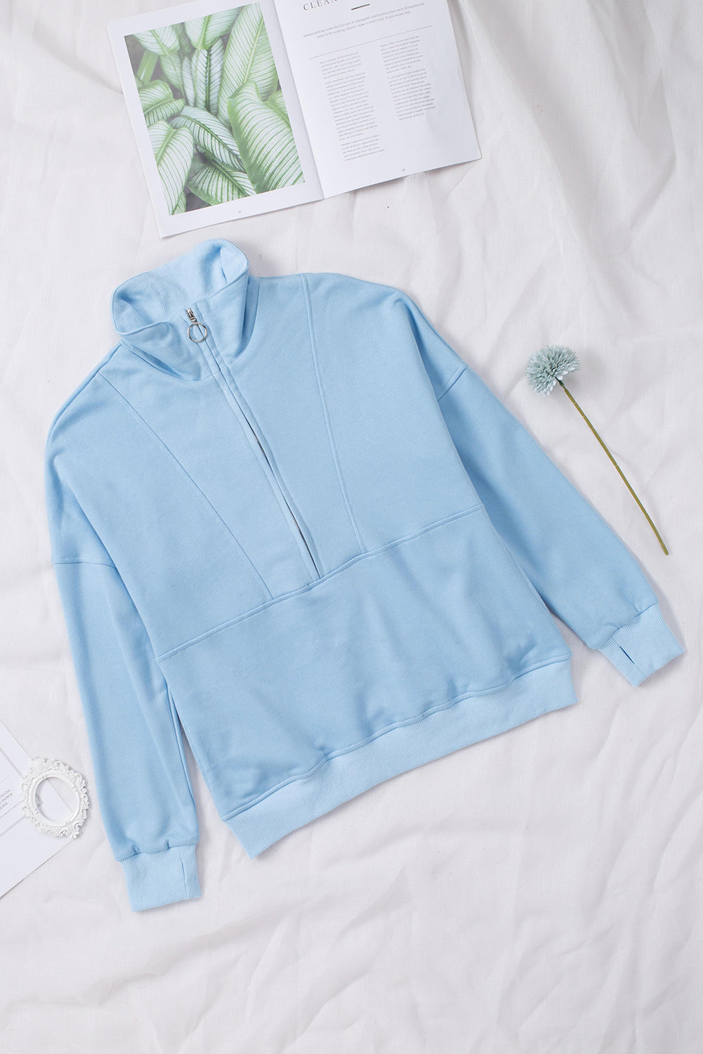 Dark Gray Solid Color Zip Collar Sweatshirt with Pockets