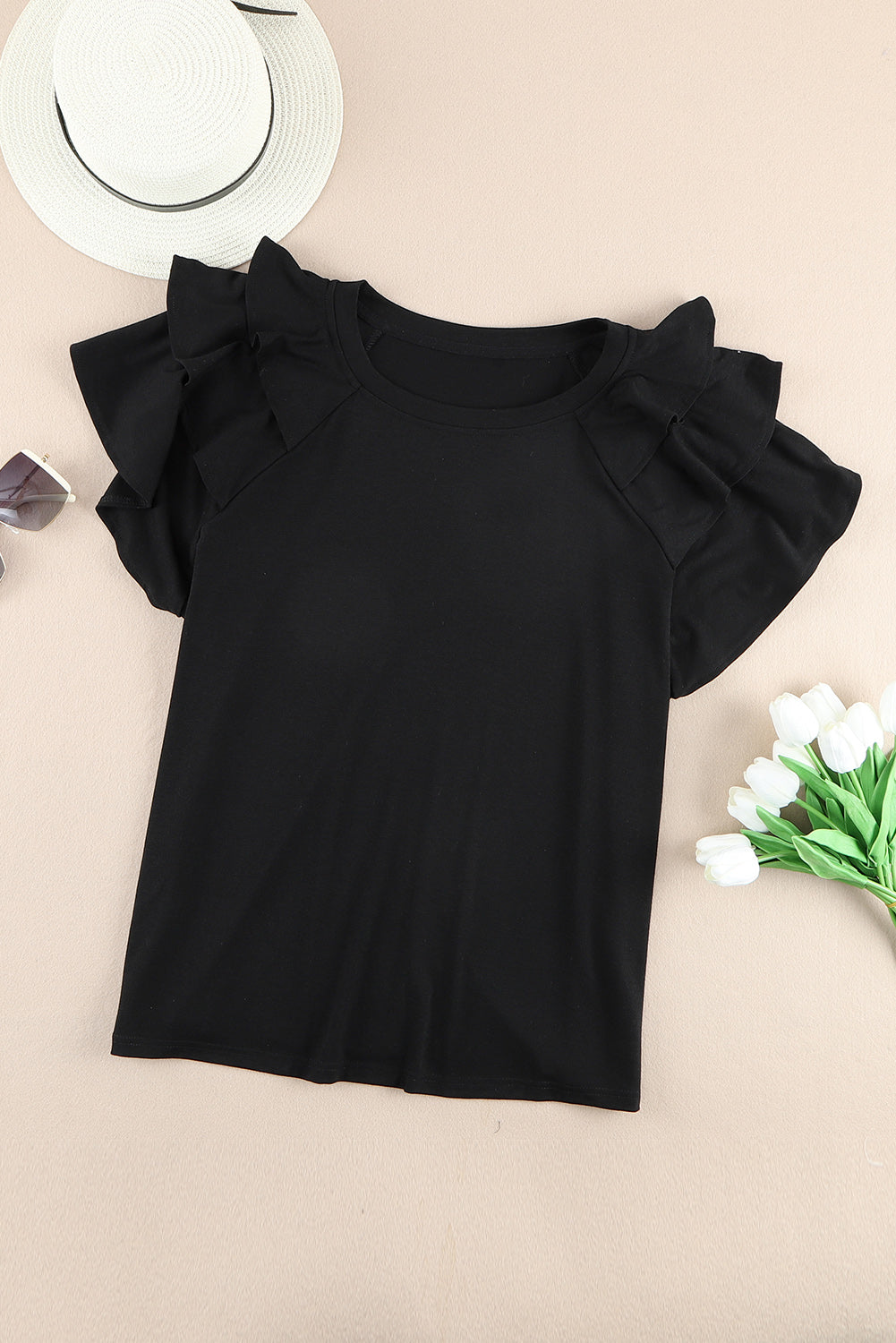 Black Plain Tiered Ruffled Short Sleeve T Shirt