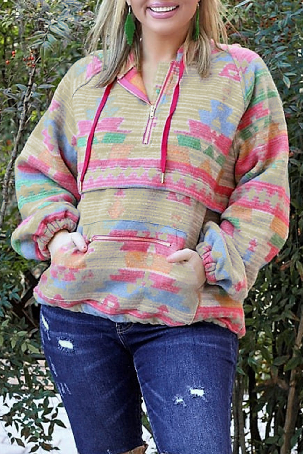 Multicolor Aztec Printed Kangaroo Pocket Zipped Hoodie