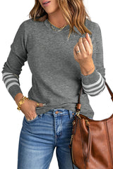 Gray Striped Sleeve Plain Knit Sweater