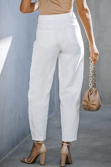 White Solid High Waist Casual Pants