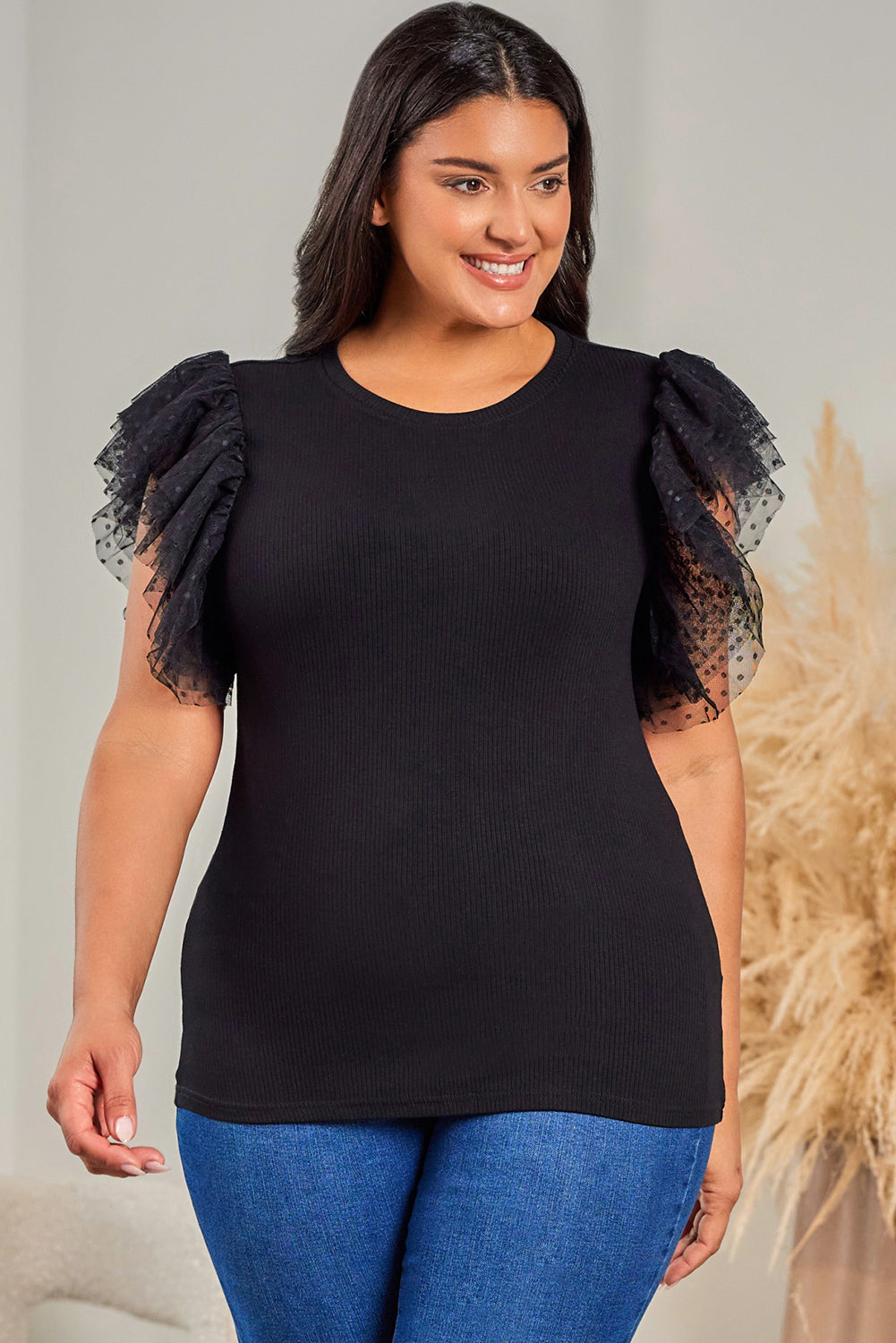Black Dotty Mesh Ruffle Sleeve Ribbed Knit Babydoll Mini Dress