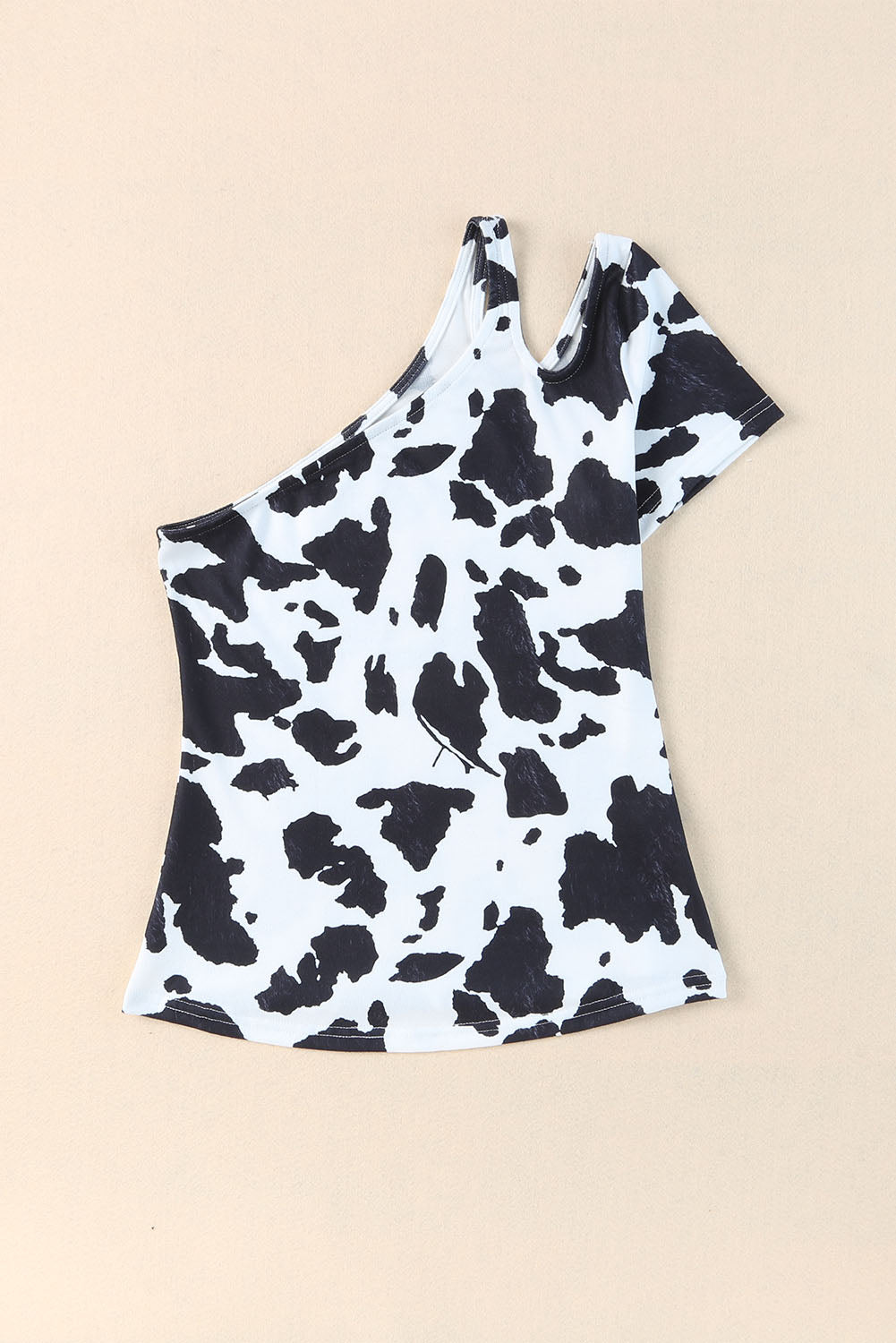 White One Shoulder Cow Print Cut out Short Sleeve Top