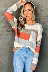 Red Striped Colorblock Ribbed Knit Top with Pocket