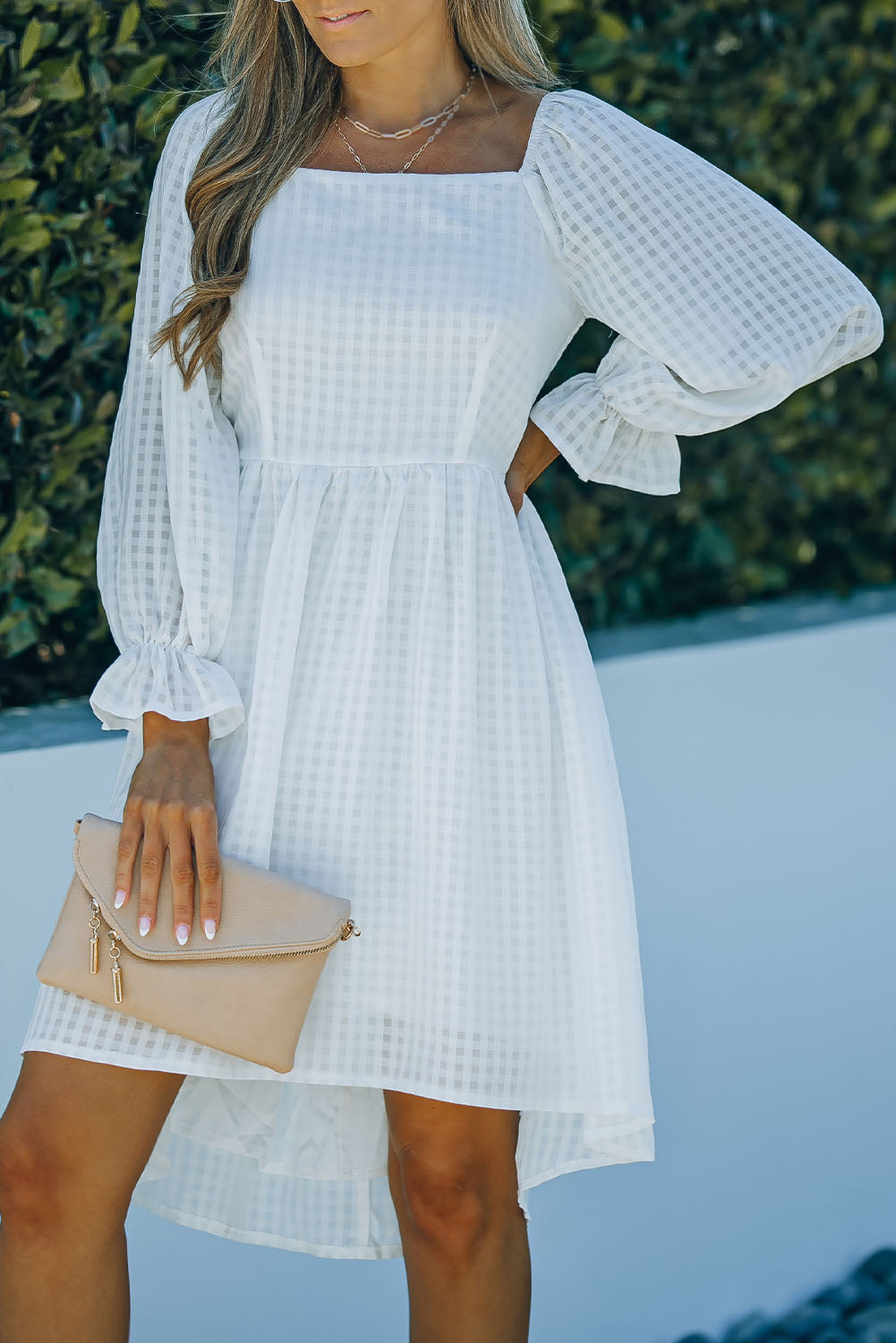 White Square Neck Smocked Back A-line Dress