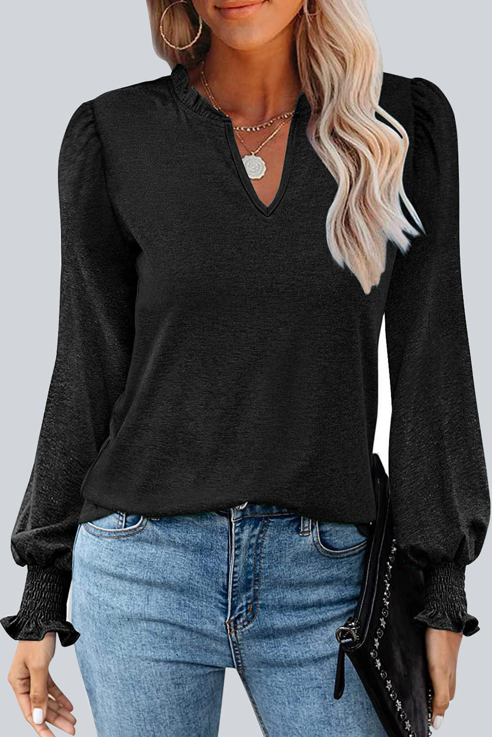 Black Frill V Neck Puff Long Sleeve Top