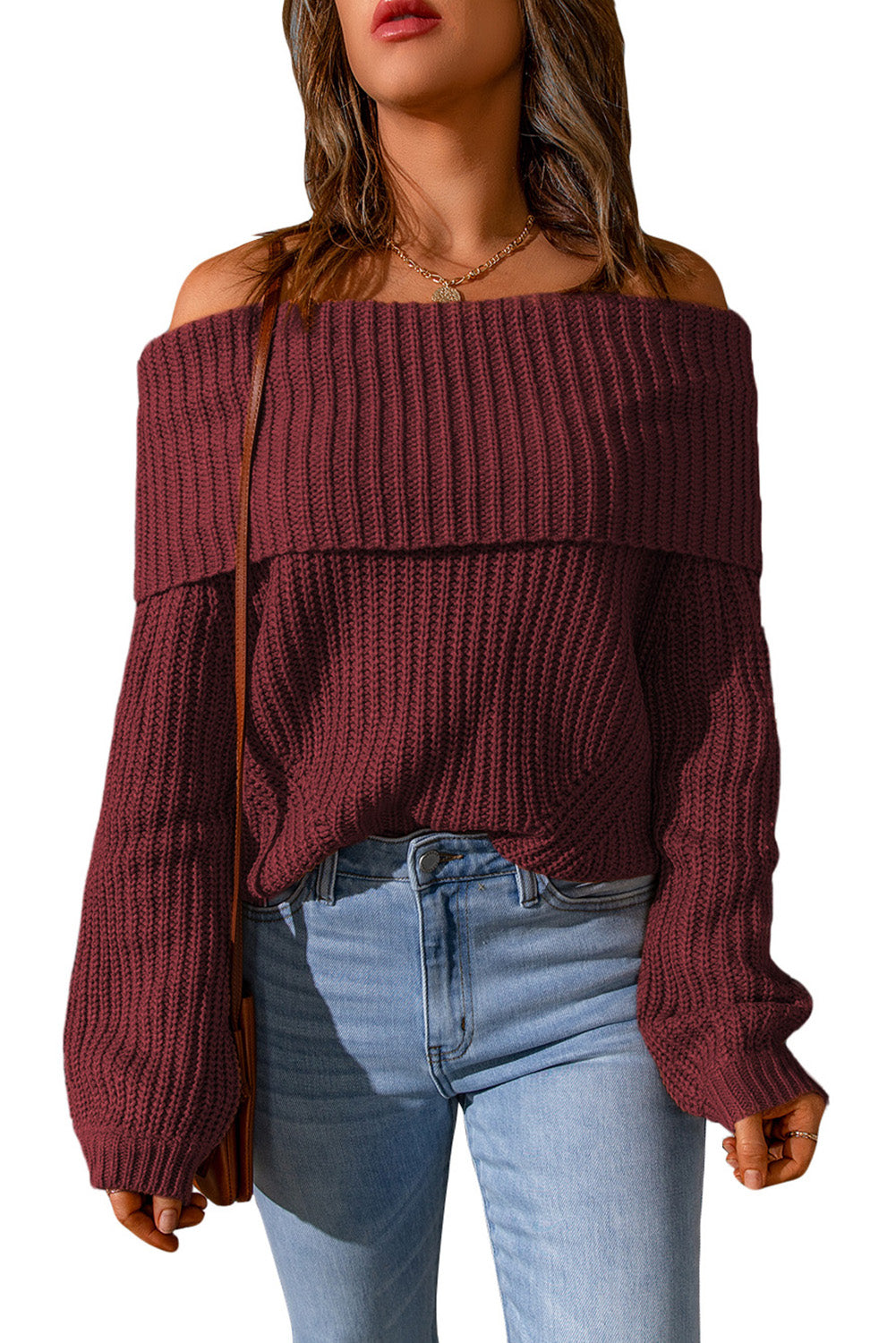 Brown Ribbed Knit Off Shoulder Sweater