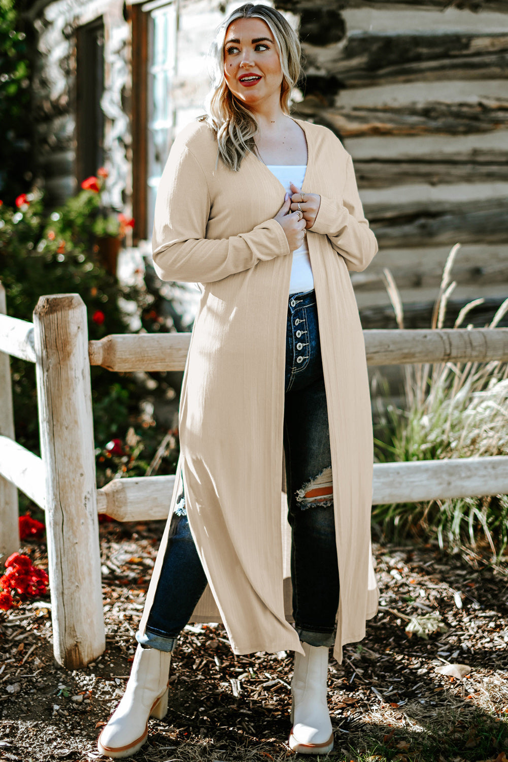 Beige Plus Size Ribbed Long Open Front Cardigan