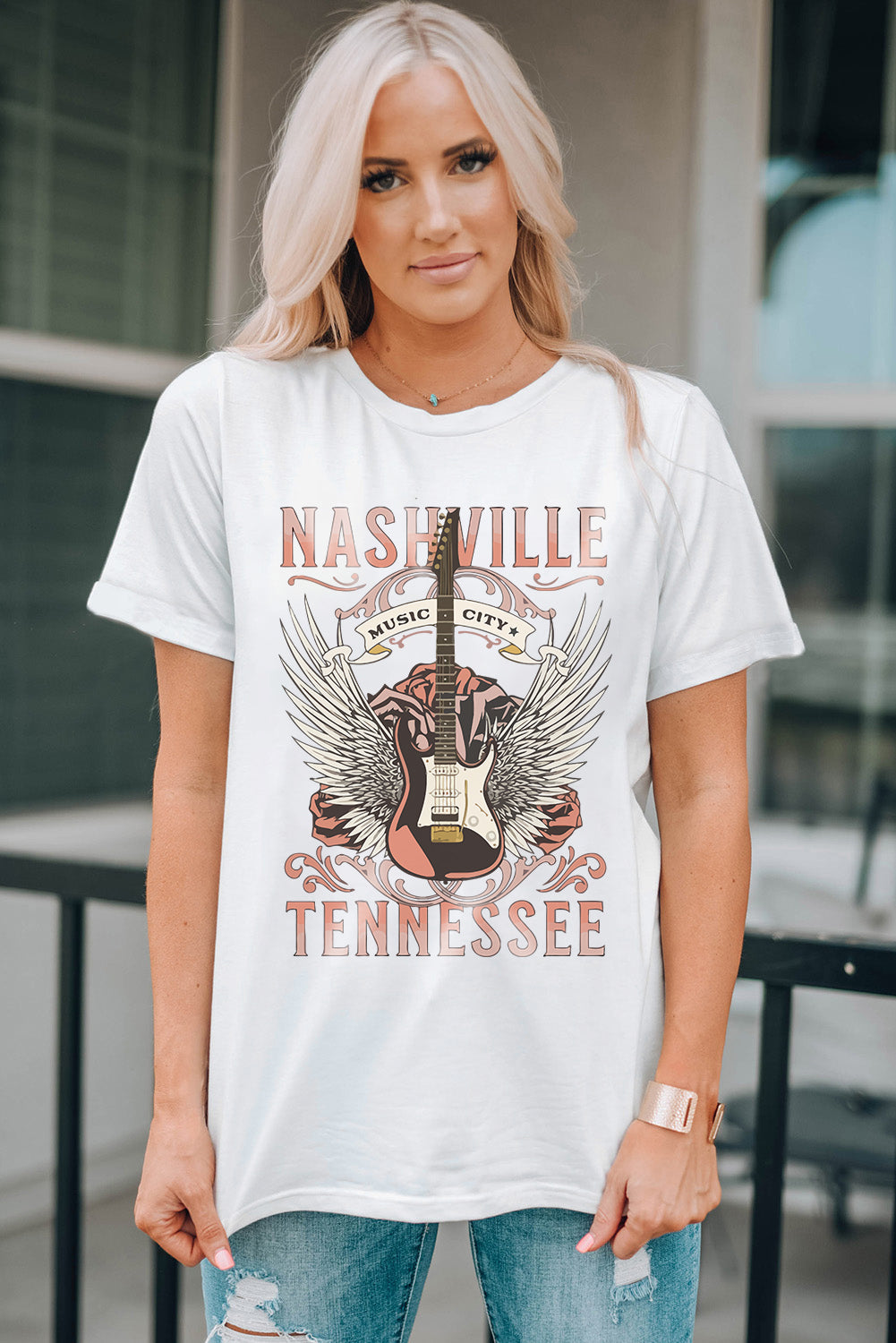 White Dreamy Music City Guitar Graphic Print Tee