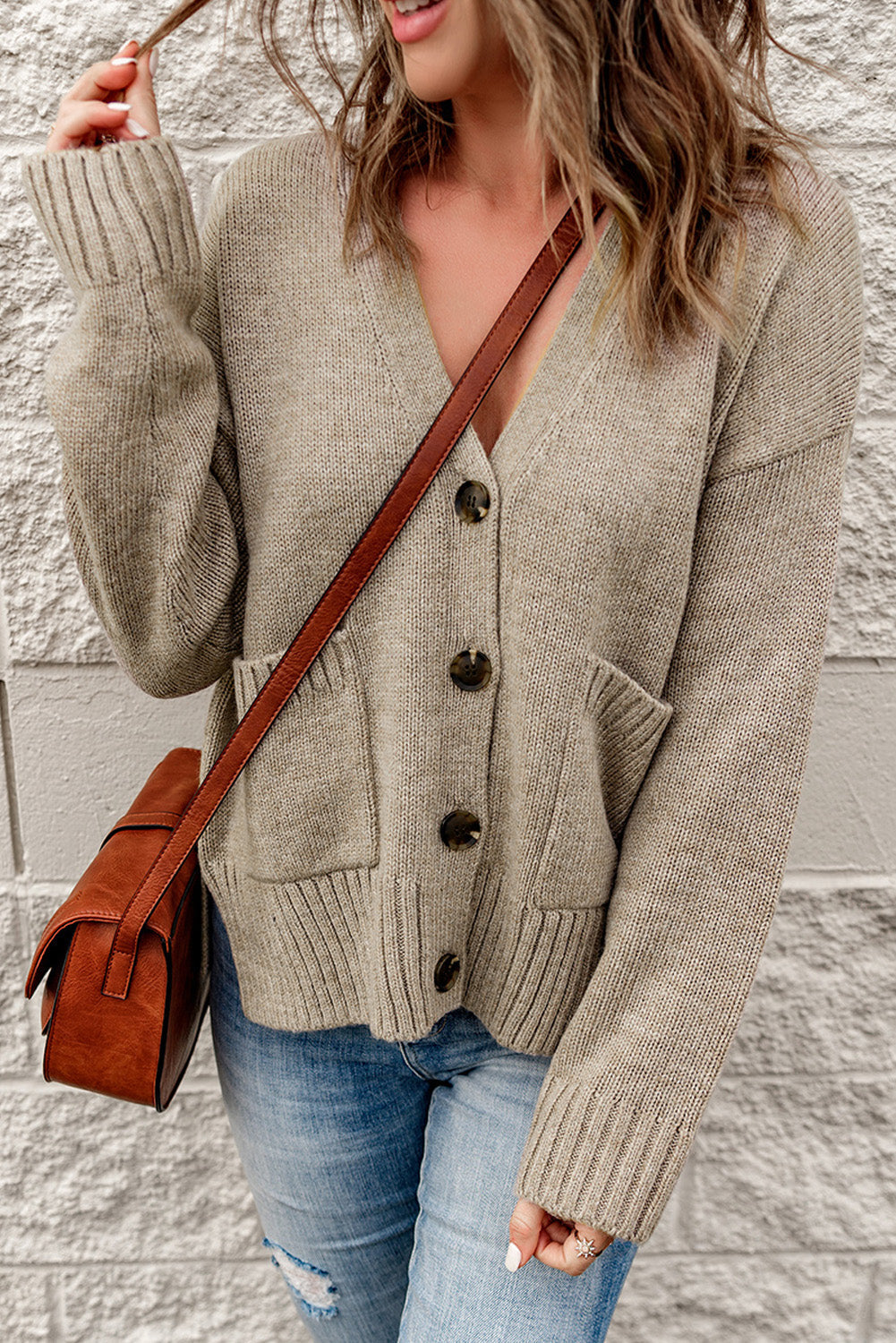 Khaki Drop Shoulder Button Front V Neck Cardigan with Pockets