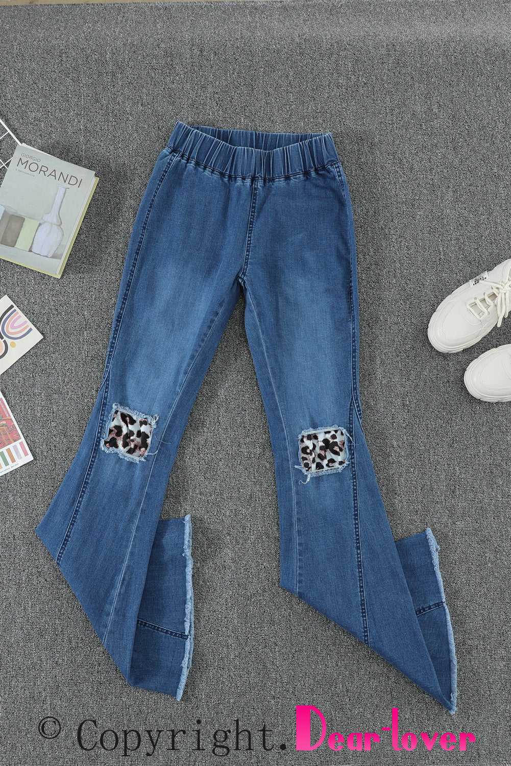 Leopard Patchwork Bell Bottom Jeans With Frayed Hem