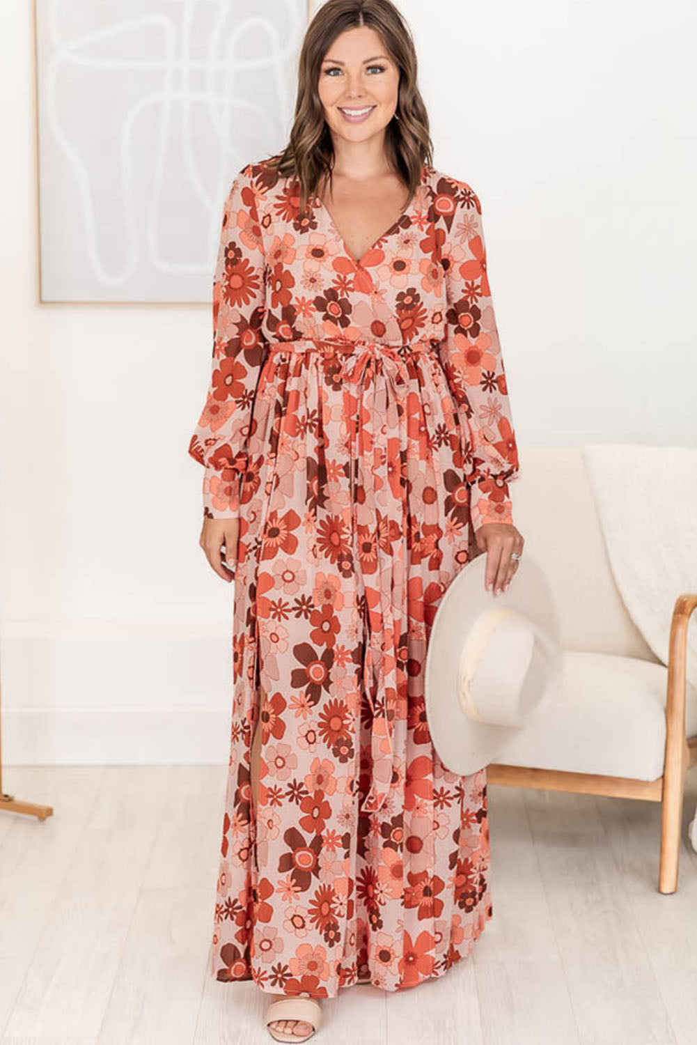 Orange Plus Size Floral Print V Neck Wrap Side Slit Maxi Dress