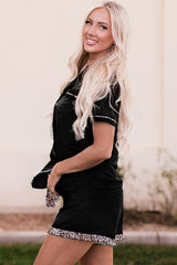 Black Leopard Long Sleeve Shirt and Shorts Lounge Set