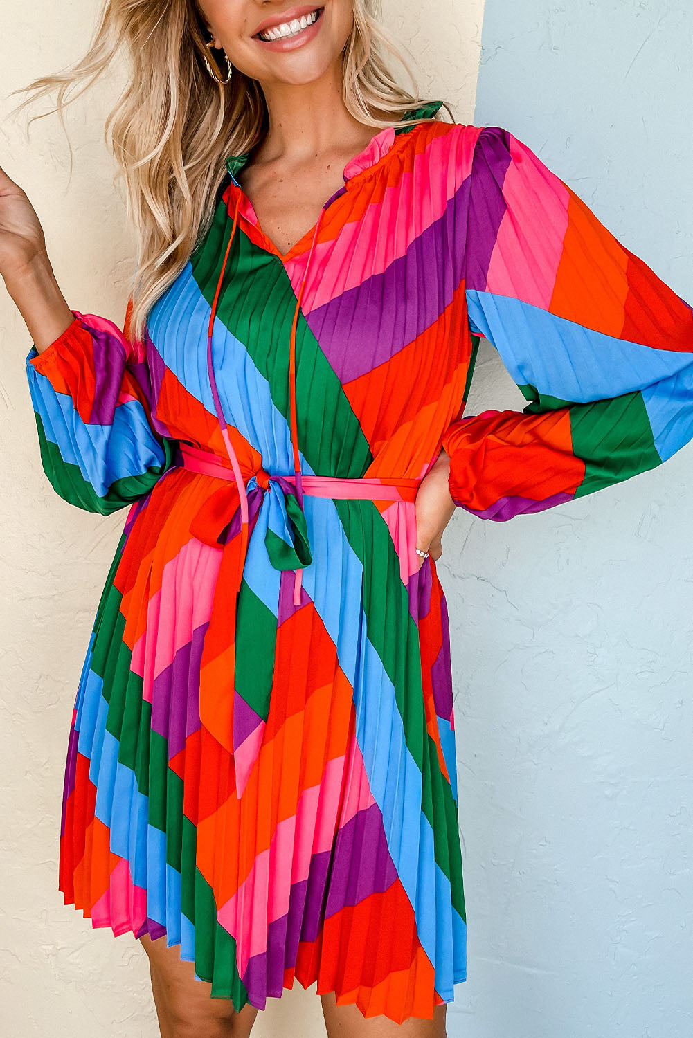 Multicolor Color Block Pleated Lace-up High Waist Mini Dress