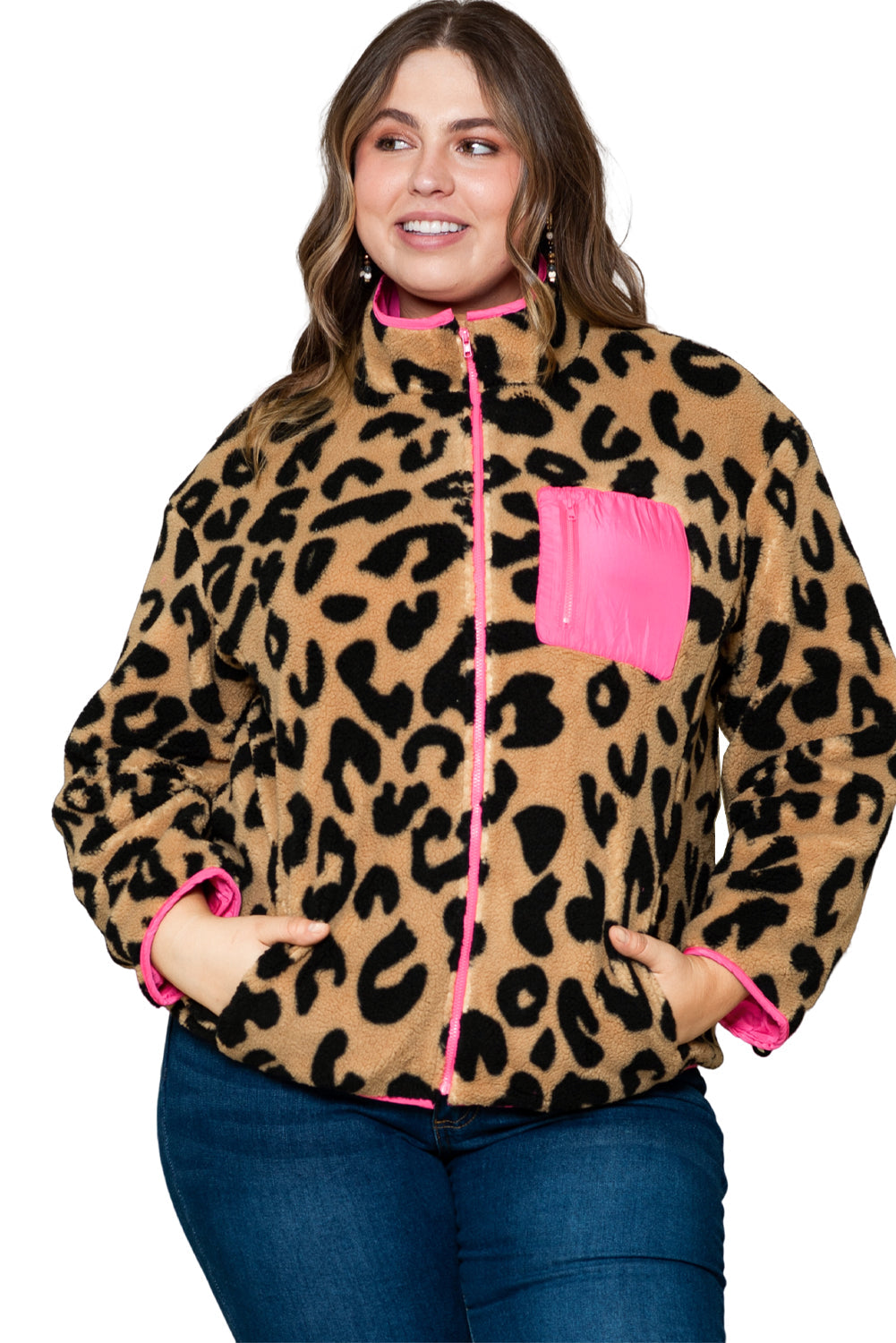 Leopard Colorblock Pocket Zipper Fuzzy Fleece Jacket