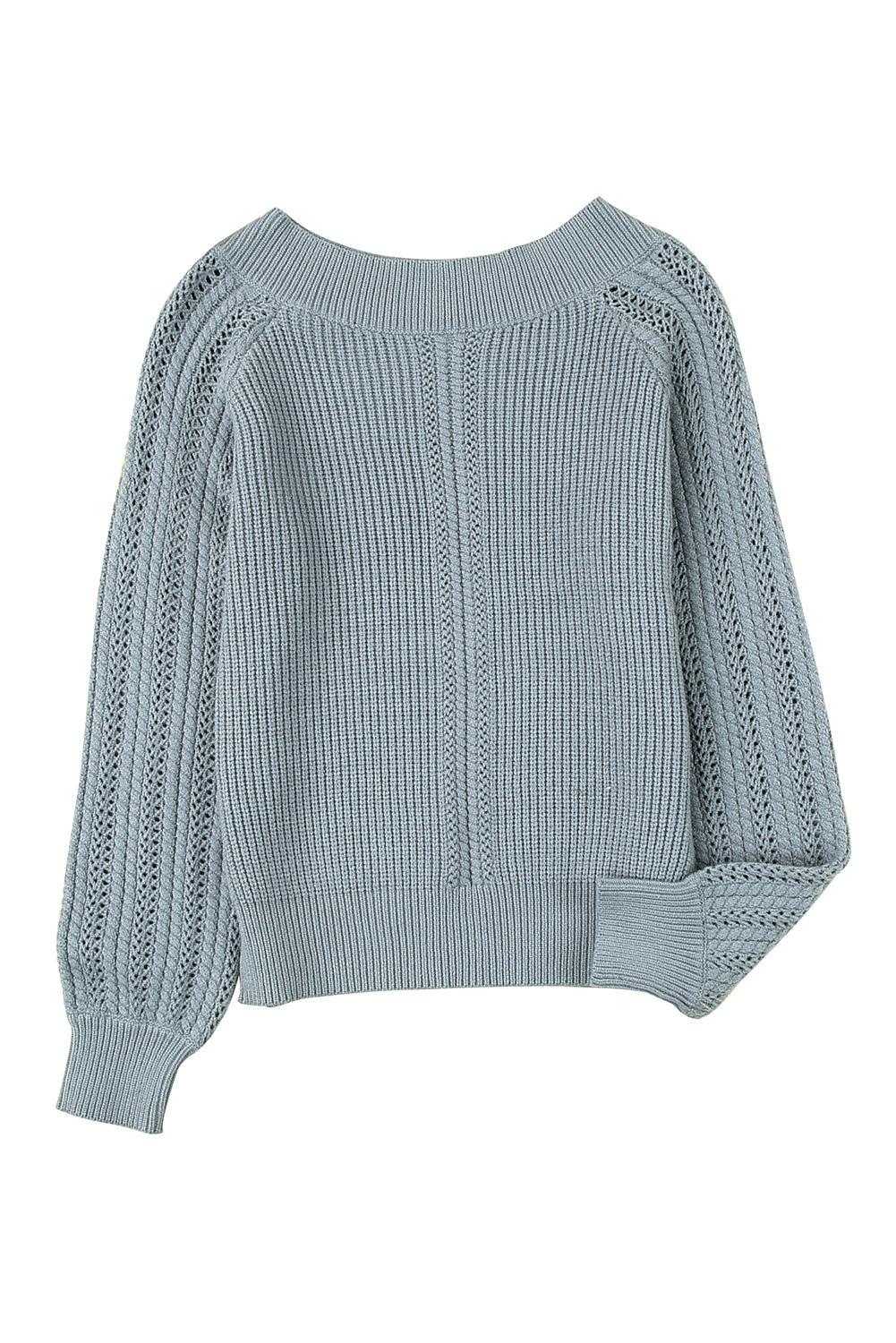 Gray Plain Hollow-out Knit Long Sleeve Pullover Sweater